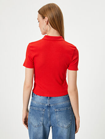 Polo Yaka Tişört Crop Slim Fit Düğmeli Kısa Kollu