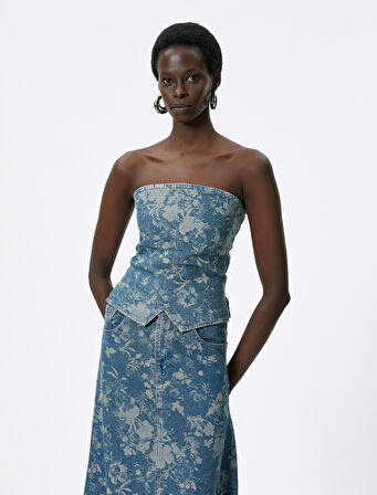 Floral Straplez Kot Üst Asimetrik Kesim Fermuarlı