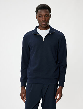 Yarım Fermuarlı Dokulu Pamuk Karışımlı Basic Uzun Kollu Sweatshirt