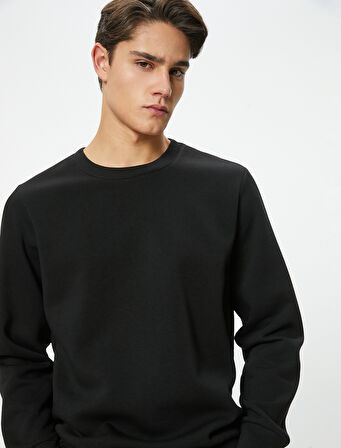 Bisiklet Yaka Sweatshirt Basic Uzun Kollu Şardonlu