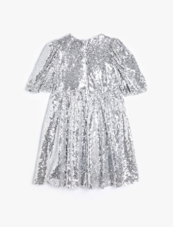 Pullu Payetli Elbise Yuvarlak Yaka Kısa Kollu