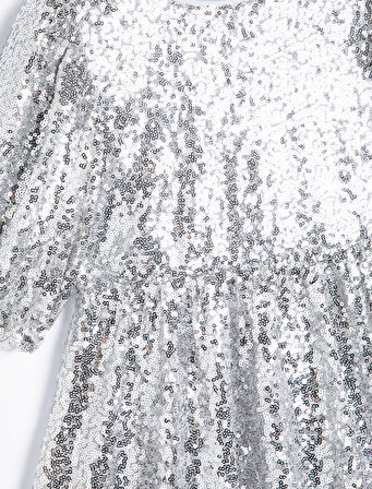 Pullu Payetli Elbise Yuvarlak Yaka Kısa Kollu