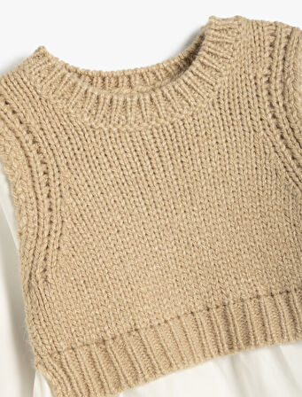 Elbise Uzun Kollu Bisiklet Süveter Detaylı Yuvarlak Yaka  