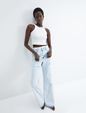 Düz Paça Çift Bel Bantlı Kot Pantolon  Cepli Pamuklu - Nora Straight Jeans