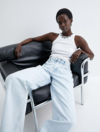 Düz Paça Çift Bel Bantlı Kot Pantolon  Cepli Pamuklu - Nora Straight Jeans