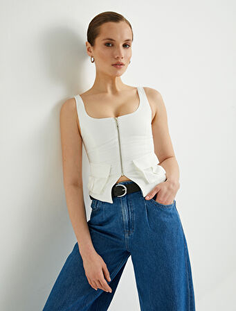 Fermuarlı Yelek Kare Yaka Kargo Cepli