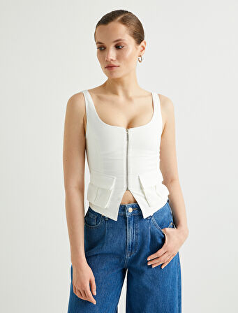 Fermuarlı Yelek Kare Yaka Kargo Cepli