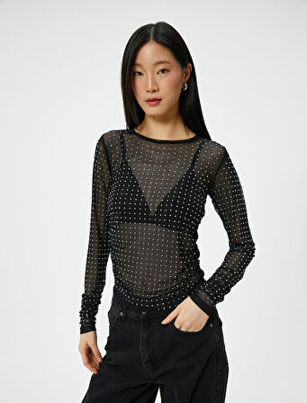 Taşlı Tül Abiye Bluz Uzun Kollu Yuvarlak Yaka Slim Fit