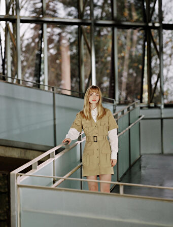 Gömlek Elbise V Yaka Düğmeli Cep Detaylı Kısa Kollu