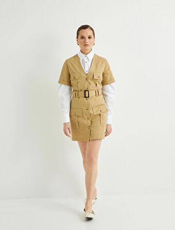 Gömlek Elbise V Yaka Düğmeli Cep Detaylı Kısa Kollu