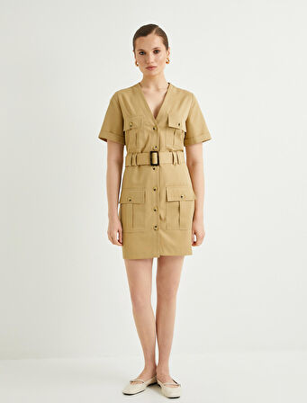 Gömlek Elbise V Yaka Düğmeli Cep Detaylı Kısa Kollu
