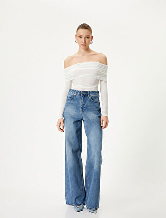 Madonna Yaka Bluz Drapeli Uzun Kollu