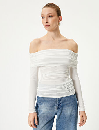 Madonna Yaka Bluz Drapeli Uzun Kollu