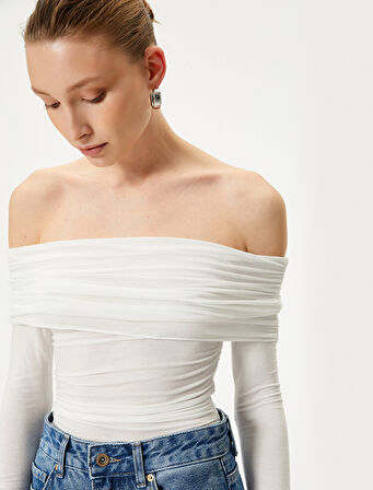 Madonna Yaka Bluz Drapeli Uzun Kollu