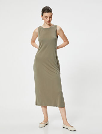Midi Elbise Modal Karışımlı Bisiklet Yaka Kolsuz Slim Fit