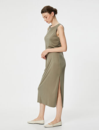 Midi Elbise Modal Karışımlı Bisiklet Yaka Kolsuz Slim Fit