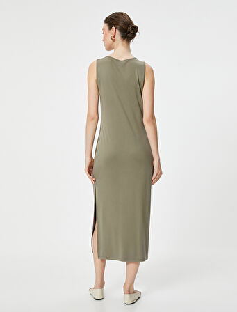 Midi Elbise Modal Karışımlı Bisiklet Yaka Kolsuz Slim Fit