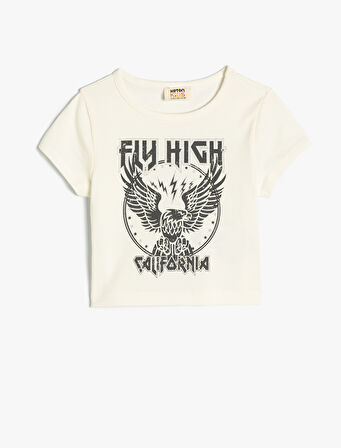 Crop Tişört Kısa Kollu Bisiklet Yaka Baskılı Pamuklu