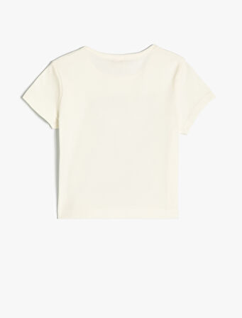 Crop Tişört Kısa Kollu Bisiklet Yaka Baskılı Pamuklu