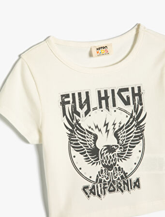 Crop Tişört Kısa Kollu Bisiklet Yaka Baskılı Pamuklu