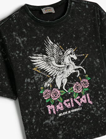 Tişört Unicorn Baskılı Kısa Kollu Bisiklet Yaka Pamuklu