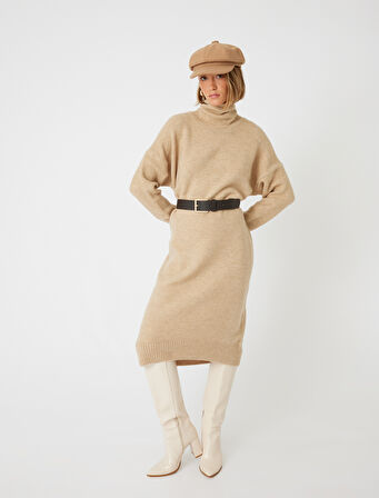 Midi Boy Triko Elbise Balıkçı Yaka Uzun Kollu Rahat Kalıp 