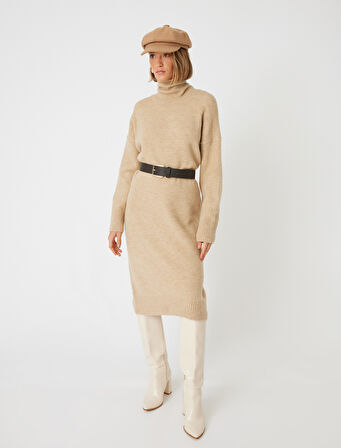 Midi Boy Triko Elbise Balıkçı Yaka Uzun Kollu Rahat Kalıp 