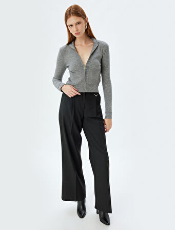 Fermuarlı Triko Hırka Dik Yaka Uzun Kollu