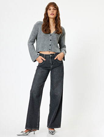 Örgü Hırka V Yaka Düğmeli Uzun Kollu