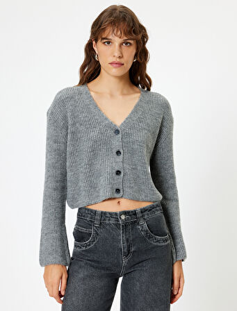 Örgü Hırka V Yaka Düğmeli Uzun Kollu