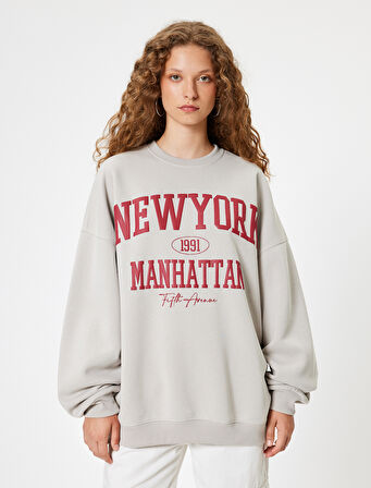 Oversize Sweatshirt Bisiklet Yaka Kolej Baskılı Uzun Kollu Şardonlu