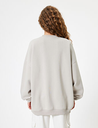 Oversize Sweatshirt Bisiklet Yaka Kolej Baskılı Uzun Kollu Şardonlu
