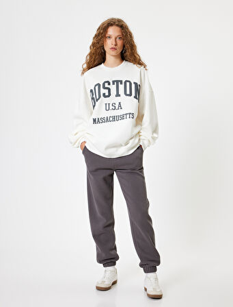 Oversize Sweatshirt Bisiklet Yaka Kolej Baskılı Uzun Kollu Şardonlu