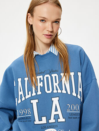 Oversize Sweatshirt Kolej Baskılı Uzun Kollu Bisiklet Yaka Şardonlu