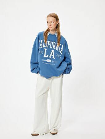 Oversize Sweatshirt Kolej Baskılı Uzun Kollu Bisiklet Yaka Şardonlu