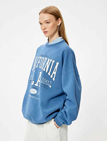 Oversize Sweatshirt Kolej Baskılı Uzun Kollu Bisiklet Yaka Şardonlu