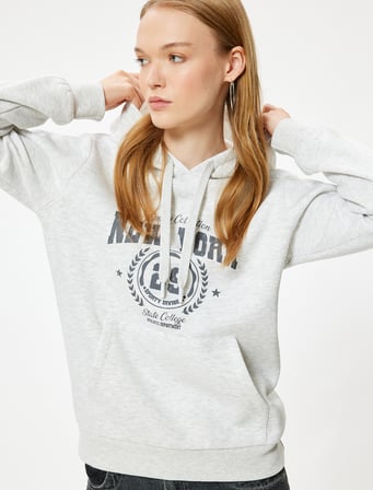 Oversize Kapüşonlu Sweatshirt Kolej Baskılı Kanguru Cepli Şardonlu