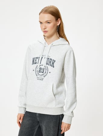 Oversize Kapüşonlu Sweatshirt Kolej Baskılı Kanguru Cepli Şardonlu