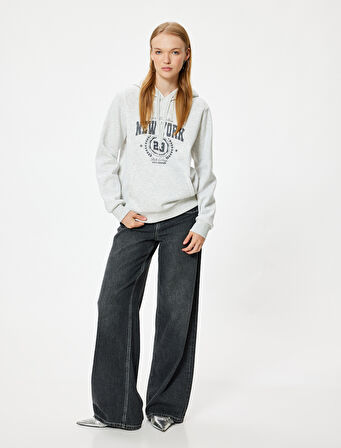 Oversize Kapüşonlu Sweatshirt Kolej Baskılı Kanguru Cepli Şardonlu
