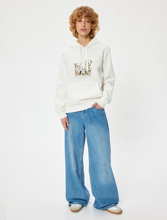 Oversize Kapüşonlu Sweatshirt Slogan Baskılı Kanguru Cepli Şardonlu