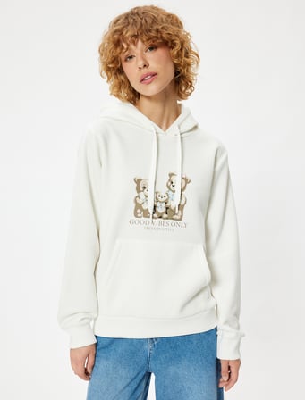Oversize Kapüşonlu Sweatshirt Slogan Baskılı Kanguru Cepli Şardonlu