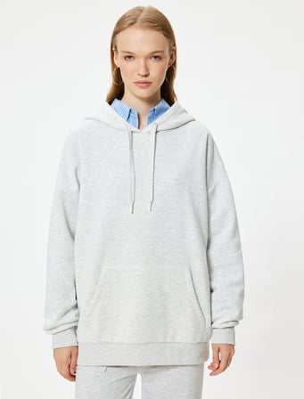 Oversize Kapüşonlu Sweatshirt Basic Kanguru Cepli Şardonlu