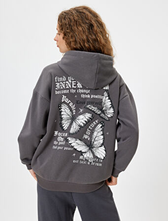 Arkası Baskılı Sweatshirt Oversize Kapüşonlu Şardonlu