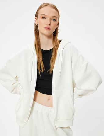 Oversize Fermuarlı Sweatshirt Kapüşonlu Cep Detaylı Ribanalı Şardonlu