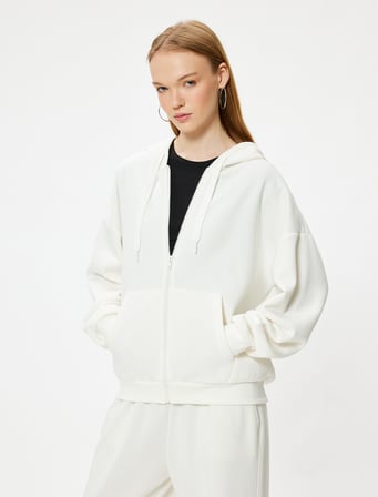 Oversize Fermuarlı Sweatshirt Kapüşonlu Cep Detaylı Ribanalı Şardonlu