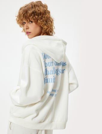 Oversize Fermuarlı Sweatshirt Arkası Baskılı Kapüşonlu Cep Detaylı 