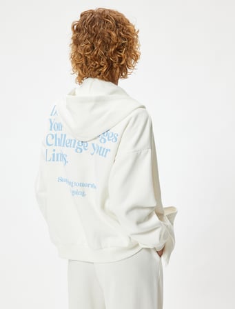 Oversize Fermuarlı Sweatshirt Arkası Baskılı Kapüşonlu Cep Detaylı 
