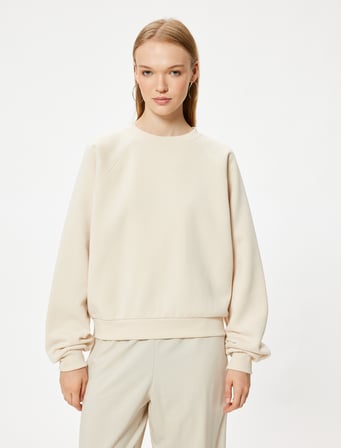 Basic Oversize Sweatshirt Bisiklet Yaka Uzun Kollu Ribanalı Şardonlu