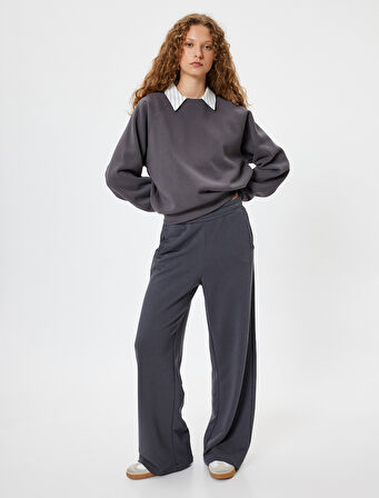 Basic Oversize Sweatshirt Bisiklet Yaka Uzun Kollu Ribanalı Şardonlu