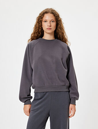 Basic Oversize Sweatshirt Bisiklet Yaka Uzun Kollu Ribanalı Şardonlu